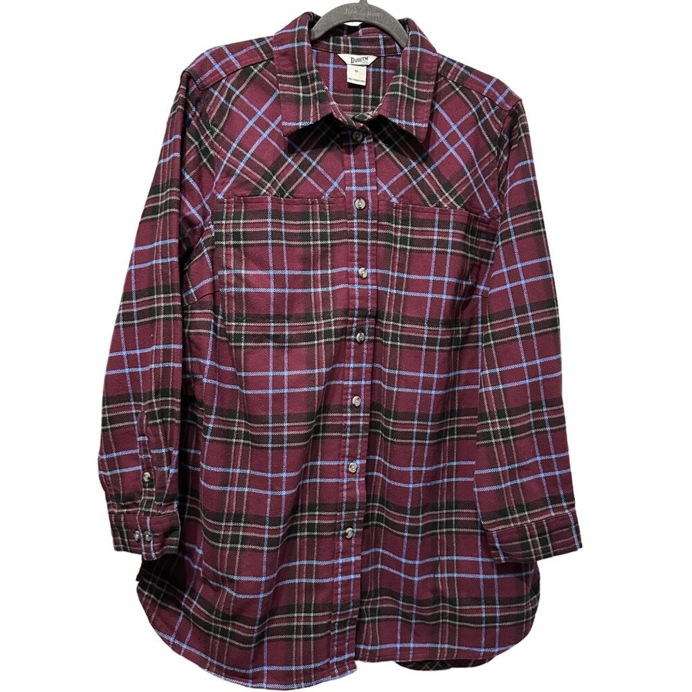 Duluth women’s size 1X heavy purple plaid button front long sleeve shirt